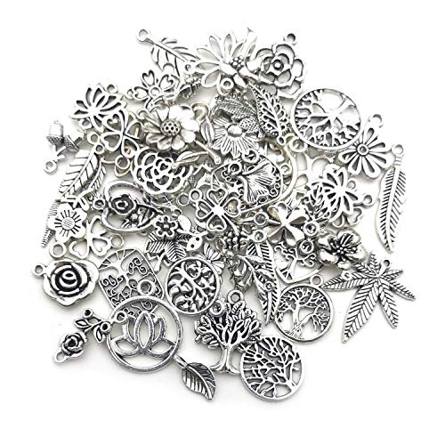 Youdiyla 100pcs Mix Silver Tree Flower Charms Collection, Bulk Mini Small Little Charms Metal Pendant Craft Supplies Findings for Necklace and Bracelet Jewelry Making (HM291)