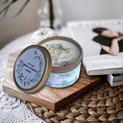 White Sage Smudge Candle with Citrine and Quartz Gemstone Crystals 100% Natural Soy Wax Scented with Essential and Fragrance Oils (White Sage)