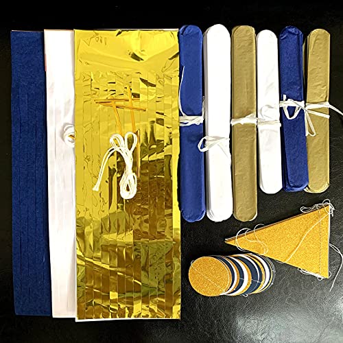 Navy Blue White Gold Party Decoration 23pcs Kits-Paper Flowers,Banner Flags,Circle Banner,Tassel Garland Birthday Bachelorette Boy Baby Shower Gender Reveal Graduation Decorations Lasting Surprise