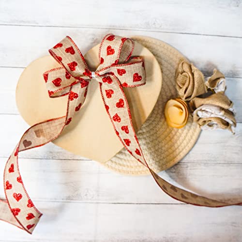 CT CRAFT LLC Faux Jute with Red Glitter Heart Wired Ribbon for Home Decor, Gift Wrapping, DIY Crafts, 1.5" x 20 Yards x 1 Roll