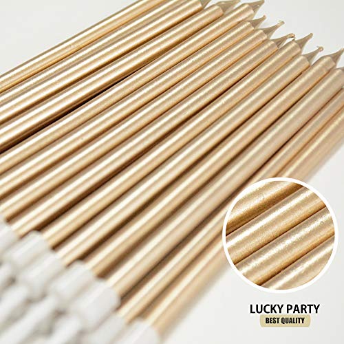 24 Count Birthday Party Long Thin Cake Candles Metallic Birthday Candles in Holders for Birthday Cakes Decorations, Champagne Gold by Lucky Party