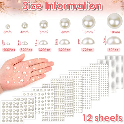 1980Pcs Self Adhesive Pearl Stickers, Shynek Pearls Sticker Gems for Hair, Face, Makeup, Eye, Nail, Crafts, Assorted Sizes
