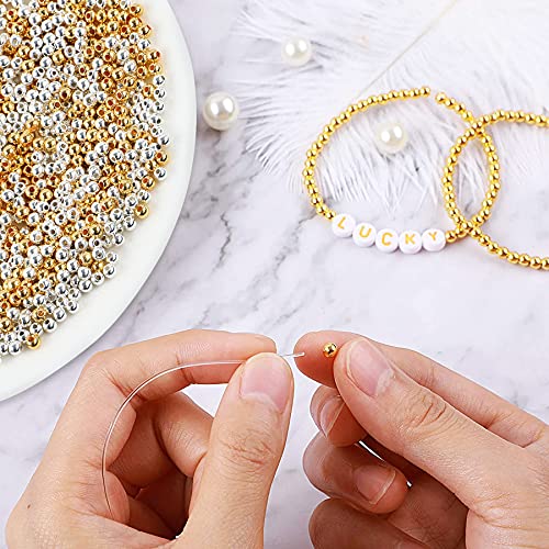 1200Pcs 4mm Round Beads Spacer Beads Smooth Loose Ball Beads for DIY Bracelet Jewelry Making Craft, Silver & Gold