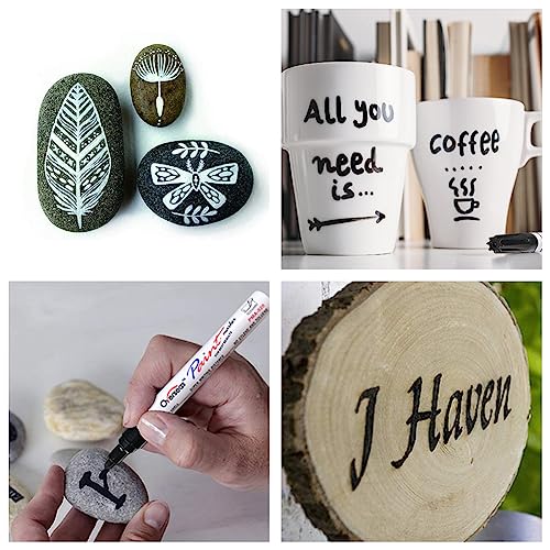 Permanent Paint Pens Paint Markers - 2 Pack White and Black Oil Based Markers, Quick Drying and Waterproof Marker Pen for Metal, Rock Painting, Wood, Rubber, Fabric, Plastic, Canvas, Mug. Medium Tip