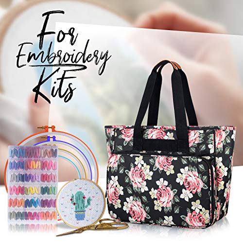 Yarwo Embroidery Project Bag, Embroidery Kits Storage Bag with Multiple Pockets for Embroidery Hoops (Up to 11.2"), Embroidery Floss or Other Embroidery Supplies, Black Peony (Bag Only)