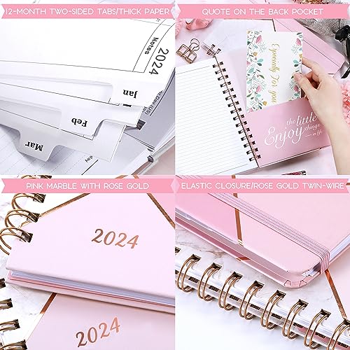 2024 Planner - January 2024 - December 2024, Planner 2024, 6.3" x 8.4", 2024 Weekly and Monthly Planner with Marked Tabs, Hardcover with Thick Paper + Contacts + Calendar + Holidays, Twin-Wire Binding - Pink Marble