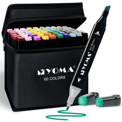 Y YOMA 60 Colors Alcohol Markers Dual Tip Markers Art Markers Set, Unique Colors (1 Marker Case) Alcohol-based Ink, Fine & Chisel, Black Penholder