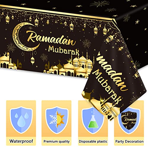 3pcs Ramadan Mubarak Tablecloths Eid Mubarak Party Table Decorations Ramadan Kareem Party Decorations Supplies Black and Golden Rectangle Table Cover for Eid Al-fitr Dinning Room Party Favors