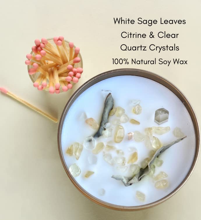 White Sage Smudge Candle with Citrine and Quartz Gemstone Crystals 100% Natural Soy Wax Scented with Essential and Fragrance Oils (White Sage)