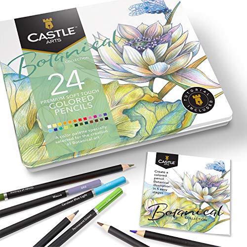 Castle Arts Themed 24 Colored Pencil Set in Tin Box, perfect colors for ‘Botanical’ Art. Featuring quality, smooth colored cores, superior blending & layering performance for great results