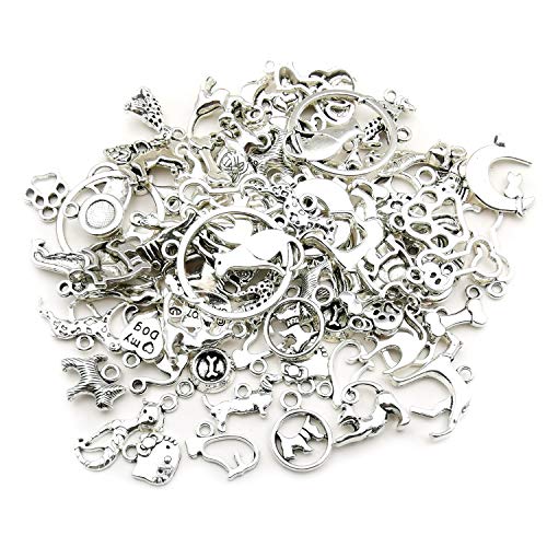 100g(80pcs) Craft Supplies Antique Silver Animals Cat Dog Pet Charms Pendants for Crafting, Jewelry Findings Making Accessory for DIY Necklace Bracelet (M293)