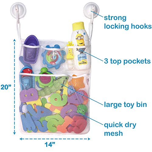 Lilly's Love Bath Toy Storage - Large 14 x 20 inch Bathtub Toy Holder + 2 Locking Hooks, Quick Dry & Easy for Kids to Put Bath Toys Away