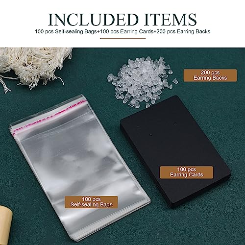 Earring Cards, Set Jewelry Making Supplies with 100 Pcs Earring Holder Cards 200 Pcs Earring Backs and 100 Jewelry Packaging for Earrings Necklace Jewelry Display, Jewelry Bags 3.5x2.4 Inches (Black)