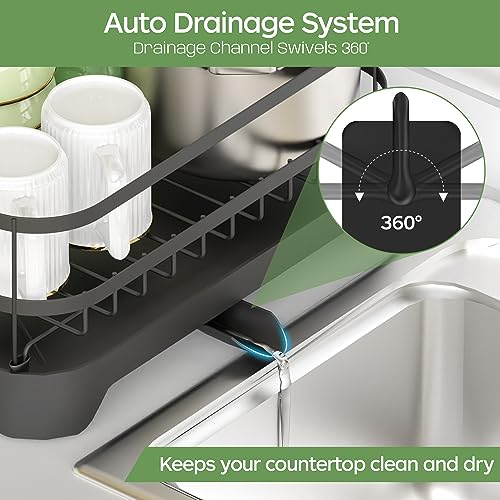 ROTTOGOON Dish Drying Rack, Stainless Steel Rustproof Dish Rack for Kitchen Counter, Durable Dish Drainer with Drainboard, Drainage, Utensil Holder for Various Kitchenware, 16.9"(L) x 12.2"(W), Black