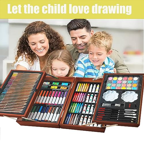 KINSPORY Art Gift for Kids, Art Supplies Case - 139 Piece Art Sets & Crafts Kit with Sketch Pads, Deluxe Wooden Box for Artist Beginners Girls Boys (Light Brown)