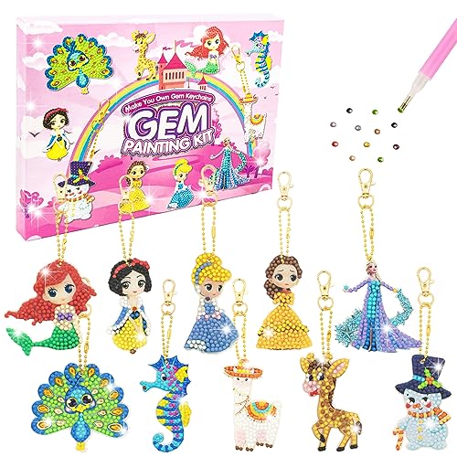Princess Toys for Girls 4-6 - Diamond Painting Kits for Kids - 10Pcs Make Your Own GEM Keychains Paint by Numbers Kit - Best Tween Girls Gifts Ideas - Art Supplies for Girls Toys Ages 5 6 7 8 9 10 12
