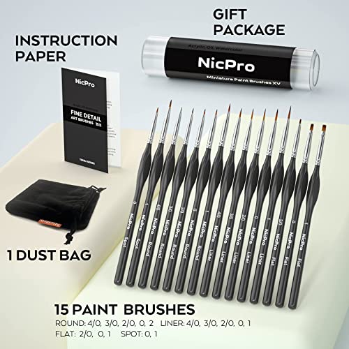 Nicpro Micro Detail Paint Brush Set,15 PCS Black Small Professional Miniature Fine Detail Brushes for Watercolor Oil Acrylic, Craft Models Rock Painting & Paint by Number -Come with Holder Bag