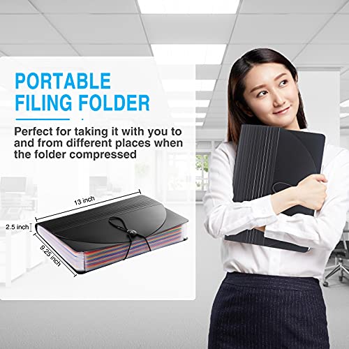 24 Pockets Expanding File Folder with Blank Labels, According File Organizer with Expandable Cover, Desktop Accordion Folders Letter A4 Paper Document Storage Organizer, Black