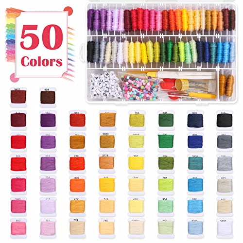 PAXCOO 488Pcs String Bracelet Making Kit, Friendship Bracelet String Kit with 50 Skeins Embroidery Floss Cross Stitch Thread, 400Pcs Friendship Bracelet Beads, 37Pcs Embroidery Tools and Storage Box