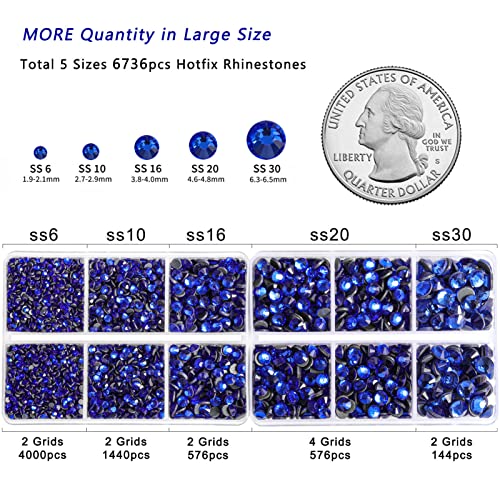 6736pcs Hotfix Rhinestones Flatback,Royal Blue Rhinestones for Crafts Clothes Mixed 5 Sizes, Hotfix Crystals with Tweezers and Wax Pencil Kit, SS6-SS30,Sapphire