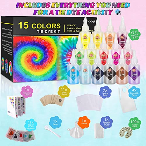DIY Tie Dye Kits, Emooqi 15 Colours Vibrant Tie Dye Kits with Rubber Bands Gloves Sealed Bag Apron and Table Covers for Arts and Crafts Fabric Textile Party DIY Handmade Project