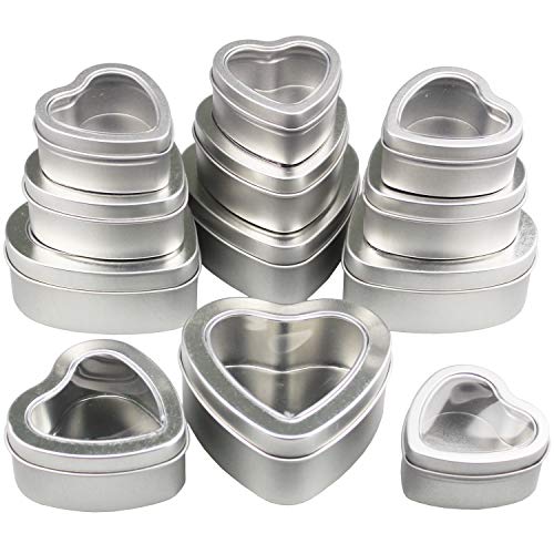 12 Pieces Heart Shaped Empty Metal Tin Cans with Clear Window Lids for Candle Making, Candies, Gifts & Treasures, Mixed Sizes