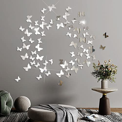 Aooyaoo Acrylic Mirror Wall Decor, Butterfly Wall Decorations,2 Sizes Butterfly Stickers Wall Decals,100 Pcs DIY Wall Stickers for Home Nursery Classroom Kids Bedroom Bathroom Living Room Decor (Silver)