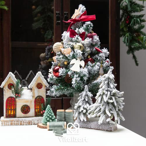 Vitalizart Dusty Green Velvet Ribbon Set 3/8"" x 15Yd Wooden Spool Fabric Trim Eco-Friendly 3 Rolls * 5Yd for Christmas Wreath Decoration Handmade Craft Ornaments Gift Wrapping & Bow Making