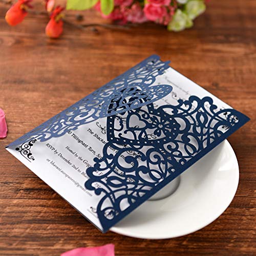 FOMTOR Laser Cut Wedding Invitations Kit 50 Packs Laser Cut Wedding Invitations with Blank Printable Paper and Envelopes for Wedding,Birthday Parties,Baby Shower (Navy Blue)