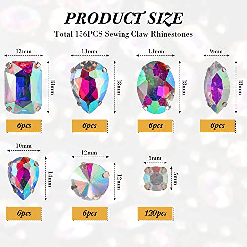 156 Pieces Sew on Rhinestones Claw Flatback Crystal Rhinestones Metal Prong Setting Rhinestones Acrylic Glass Sewing Gems for Clothes DIY Craft Shoes Dress Jewelry Making (Gold Claw, White AB)