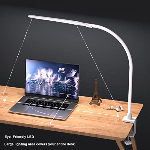 LED Desk Lamp with Clamp,Flexible Gooseneck Clamp Lamp,Dimmable,Touch Control 3 Color Modes,Eye-Care Table Light with Adjustable Arm,Architect Lamp for Home/ Office /Workbench/Reading Working White