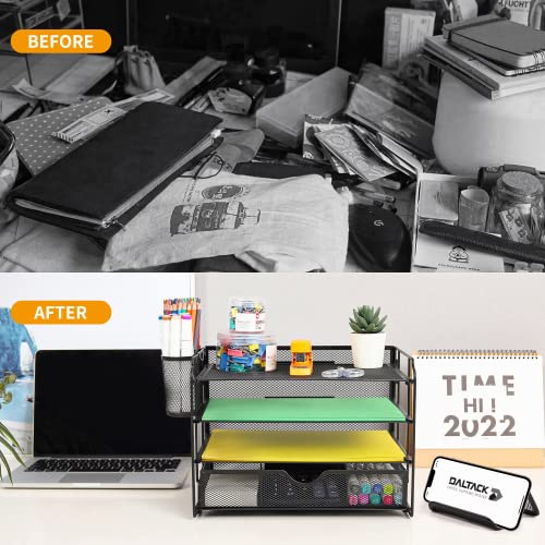 DALTACK 4-Trays Desktop File Organizer with Pen Holder, Letter Tray Paper Organizer with Drawer and Pen Holders, Black Mesh Office Supplies File Holder, Desk Organizer for Office School Home