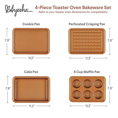Ayesha Curry Nonstick Bakeware Toaster Oven Set with Nonstick Baking Pan, Cookie Sheet / Baking Sheet and Muffin Pan / Cupcake Pan - 4 Piece, Copper Brown