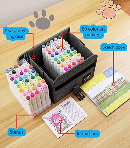 SANJOKI Alcohol Brush Markers 80 colors,Brush & Chisel Dual Tip Permanent Artist Sketch Marker Pens,with Carrying Case and Sketchbook