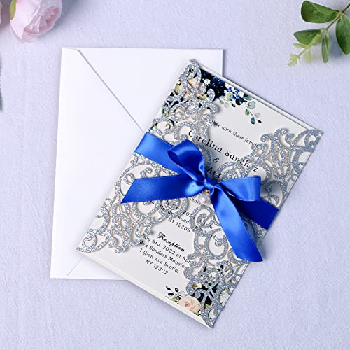 ponatia 20 PCS 5 x 7'' Silver Giltter Laser Cut Wedding Invitations with Envelopes for Wedding Party Bridal Shower Engagement Birthday Sweet 16 Invite - Silver Glitter with Royal Blue Ribbons
