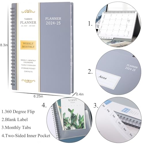 2024-2025 Planner - Academic Planner 2024-2025, Weekly and Monthly Planner, Jul. 2024 - Jun. 2025, 6.25" × 8.3", Tabs, Inner Pocket, Strong Twin-Wire Binding, Improving Your Time Management Skill