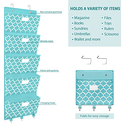 Over The Door File Organizer, Hanging Wall Mounted Storage Holder Pocket Chart for Magazine, Notebooks, Planners, Mails, 5 Extra Large Pockets(Blue withLantern Pattern)