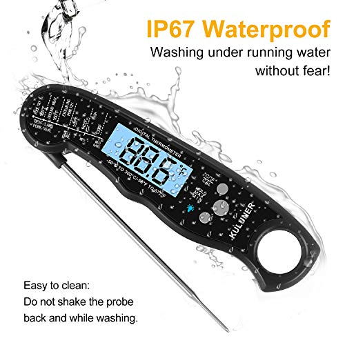 KULUNER TP-01 Waterproof Digital Instant Read Meat LCD Thermometer with 4.6” Folding Probe Backlight & Calibration Function for Cooking Food Candy, BBQ Grill, Liquids,Beef(Black)