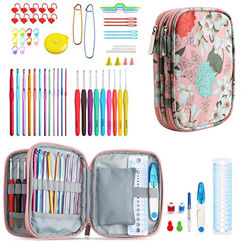 Katech Crochet Hooks Set with Crochet Case, 73-Piece Crochet Hooks Kit Ergonomic Aluminum Alloy Colorful Crochet Needles for Making Socks, Gloves, Bag, Hat, Sweater