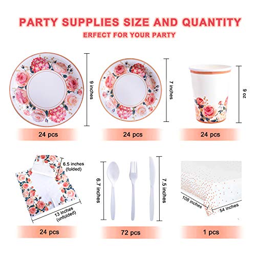 hapray Floral Party Supplies, (Serves 24) Rose Flower Disposable Paper Plates Cups Napkin, Knives Spoons Forks, Tableware Sets for Baby Shower Birthday Bridal Shower Tea Mothers Day Decorations