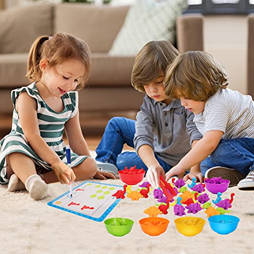 Counting Dinosaurs Toys Matching Games for Kids with Sorting Bowls Toddler Learning Activities Manipulatives Preschool Must Have Counters Montessori Fine Motor Skills Toys Age 2 3 4 5 Years (102 PCS)