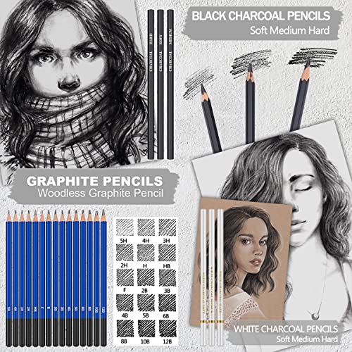 PANDAFLY 80 Pack Drawing Set Sketching Kit, Pro Art Supplies with 3-Color Sketchbook, Watercolor Pad, Colored, Graphite, Charcoal, Metallic Pencil, for Artist Adults Kids Beginner