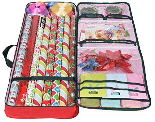 Primode Christmas Wrapping Paper Storage Bag with Pockets | Gift Wrap Organizer Container | 37” x 14” x 4” | Underbed Durable Box Made of 600D Oxford Material (Red)