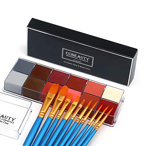 CCbeauty Professional Face Body Paint Oil 12 Colors Halloween Art Party Fancy Make Up Set with 10 Blue Brushes,Light