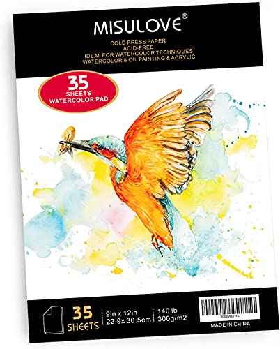 MISULOVE Watercolor Pads, 9x12", Glue Bound, Acid-Free Paper, 35 Sheets (140lb/300gsm), Art Sketchbook for Painting & Drawing with Most Wet & Dry Media, Ideal for Beginners, Artists & Professionals