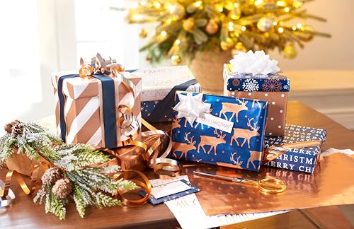 American Greetings 80 sq. ft. Reversible Blue Wrapping Paper Bundle for Christmas, Snowflake, Reindeer, Holiday Test (4 Rolls 30 in. x 8 ft.)