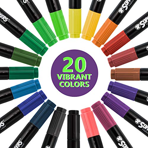 US Art Supply Super Markers 20 Unique Colors Dual Tip Fabric & T-Shirt Marker Set-Double-Ended with Chisel Point and Fine Point Tips - 20 Permanent Ink Vibrant and Bold Colors