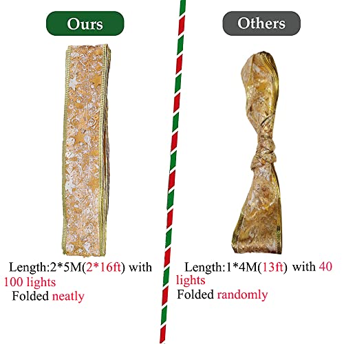 GIHOO Christmas Tree Decorations Gold String Lights 32ft (2x16ft) 100 LED Lights Copper Wire Ribbon Bows Lights for Holiday Christmas Party Indoor Decorations (Gold Warm Light Battery Powered)