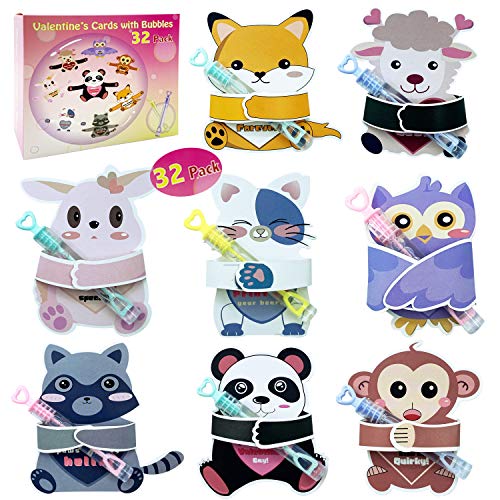 ANYIDEA Valentines Day Cards for Kids Gifts - 32 Bubble Wands 32 Valentines Cards 80 Sticker Dots, Valentine's Day Party Favors, Animal Kids Vday Cards for School Valentines Classroom Exchange