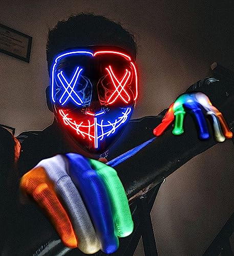 Halloween Mask Skeleton Gloves Set, Halloween Costumes Gifts for Men Women Boys Girls, 3 Modes Light Up Scary LED Mask with LED Glow Gloves, Halloween Decorations Scary Scream Anonymous Mask